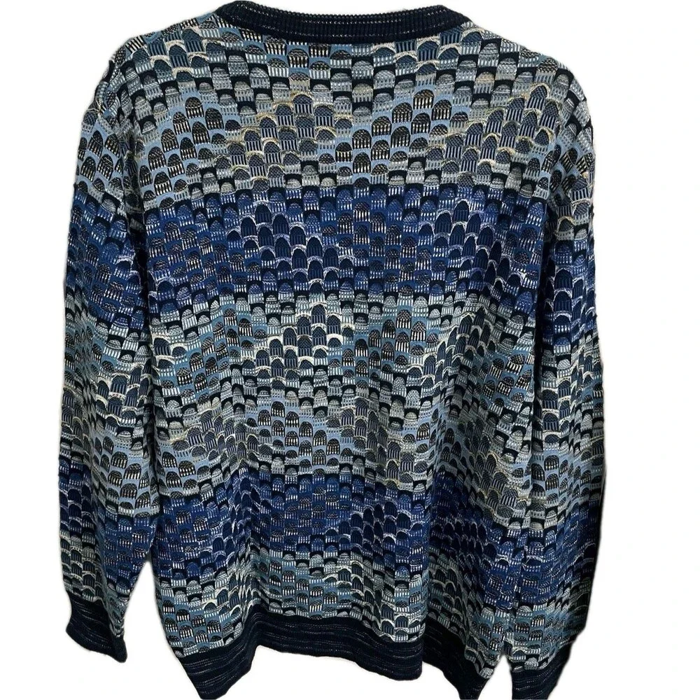 Montechiaro Sweater Mens XL Blue Geometric Print Pullover Crewneck Italy Vintage